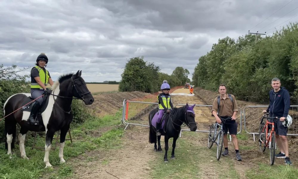 The photos show the works north of Butt Lane and the narrower section south of Butt Lane where trees are already being cleared. Those featured are Tessa Frost of Hall Farm Stables in Waterbeach on Bea and Violet Frost on Moppet. Josh Grantham (brown shirt) is the Infrastructure Campaigner for Camcycle and Gabriel Bienzobas (pictured in the north photo) is a Camcycle trustee and lead of Milton Cycling Campaign.