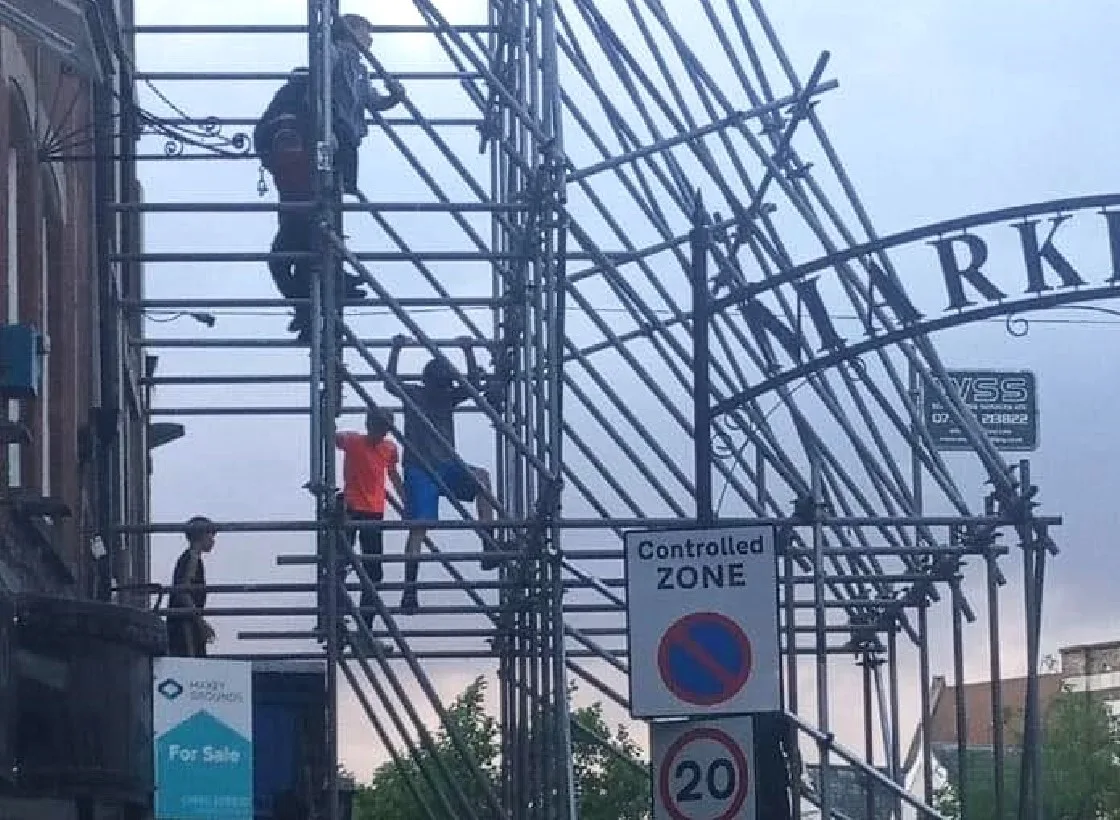 Photo doing the rounds of social media of youngsters using the scaffold at Cashino burnt out Wisbech store for climbing practice. Photo doing the rounds of social media of youngsters using the scaffold at Cashino burnt out Wisbech store for climbing practice.