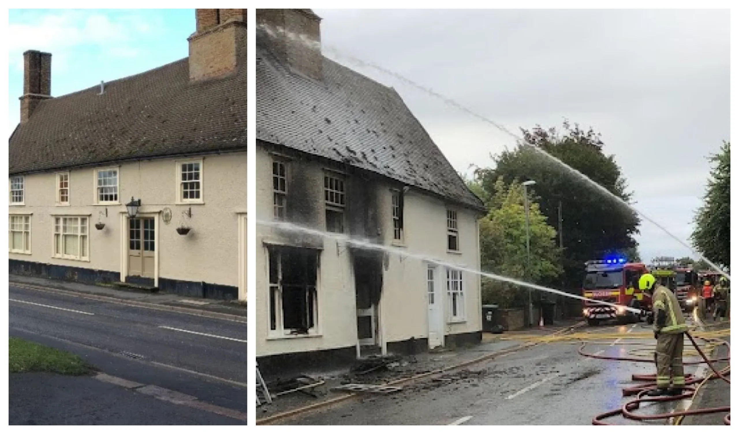 As the Crown was (left) and today firefighters tackle a major blaze at the Fordham pub now turned Indian restaurant