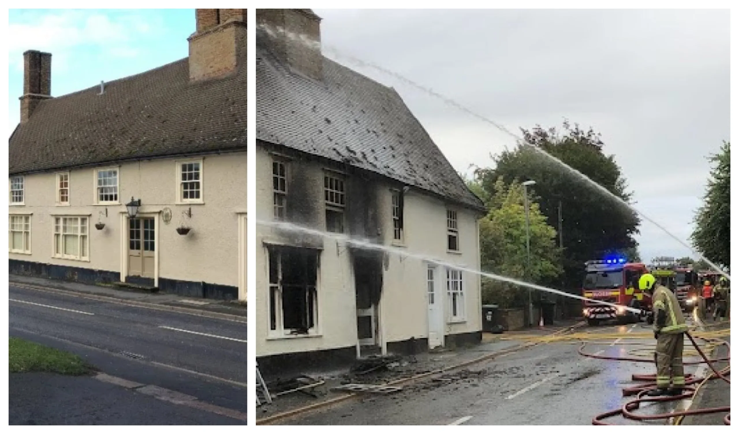 As the Crown was (left) and today firefighters tackle a major blaze at the Fordham pub now turned Indian restaurant As the Crown was (left) and today firefighters tackle a major blaze at the Fordham pub now turned Indian restaurant
