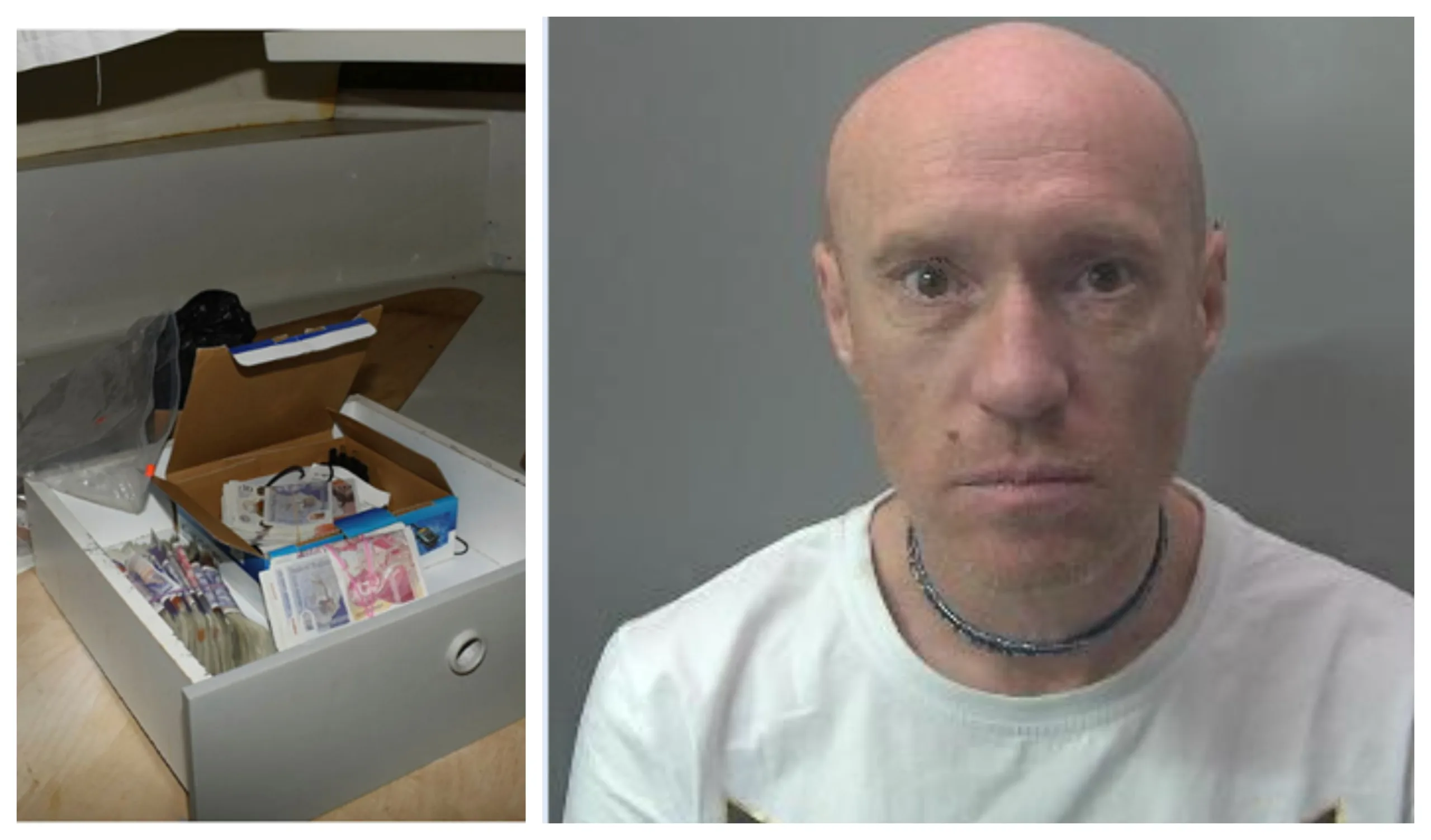 Ben Cunningham, 49, of Wyton Moorings, Banks End, with drugs and cash found in police raid on his Huntingdon boat.