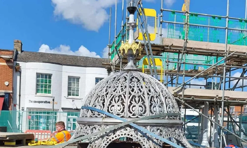Work to dismantle and store March Fountain is under way. It could take up to a fortnight to complete the removal. PHOTO: Gary Richmond