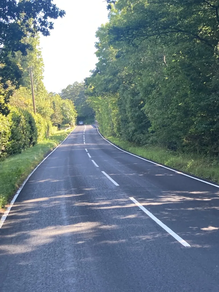 The B1043 where workmen were ‘outfoxed’ as they attempted to paint white lines. And where freshly painted white lines were spoilt when a driver went across them whilst they were still wet. PHOTO: CambsNews reader