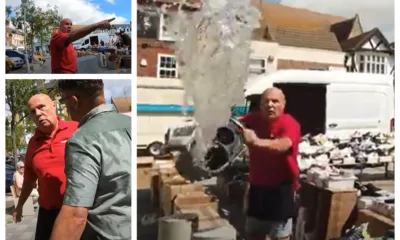 CAPTION This was the moment a stall holder lost his cool – and ‘cooled down’ a street preacher by throwing a bucket of water over him. Police have launched an inquiry.