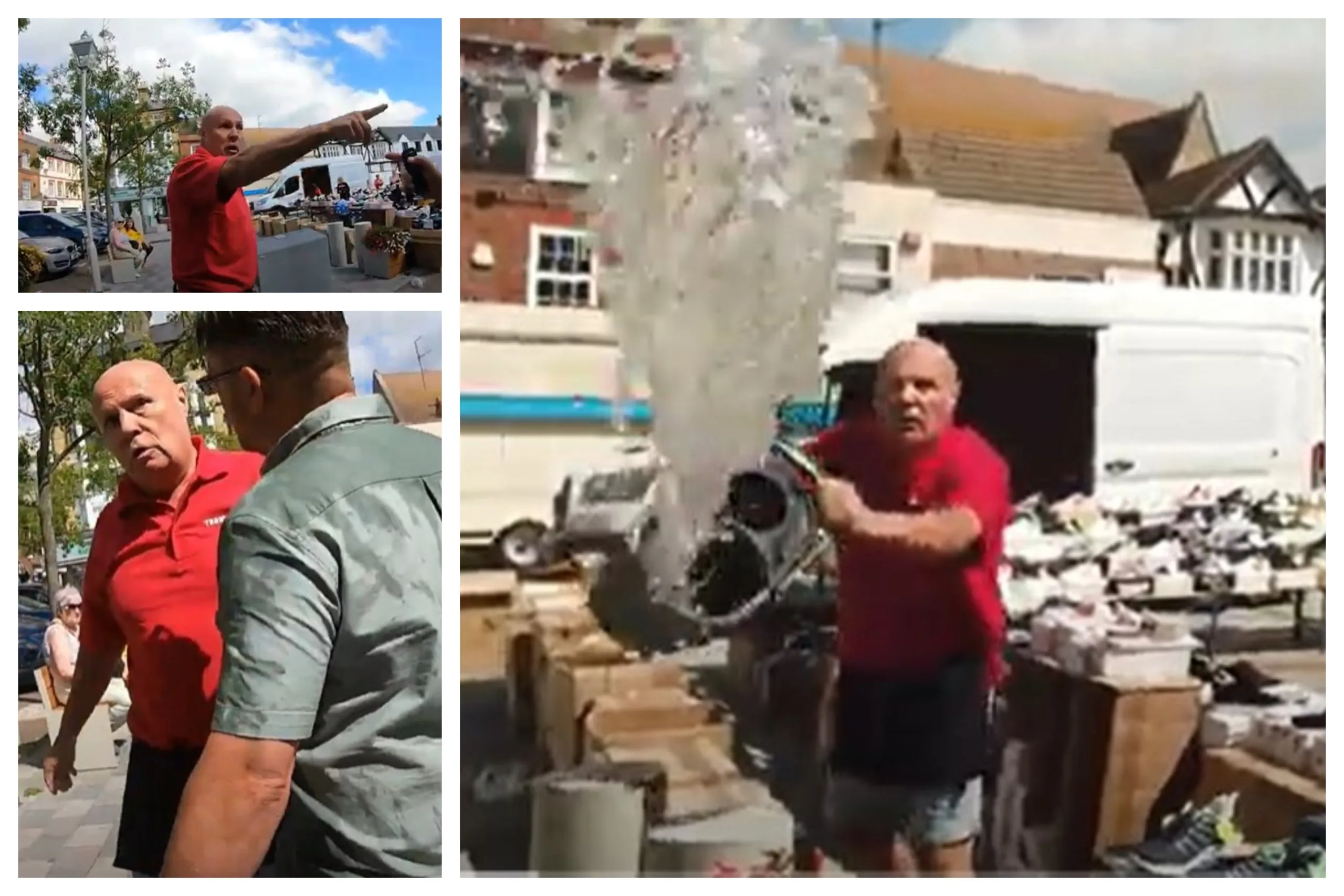 CAPTION This was the moment a stall holder lost his cool – and ‘cooled down’ a street preacher by throwing a bucket of water over him. Police have launched an inquiry.