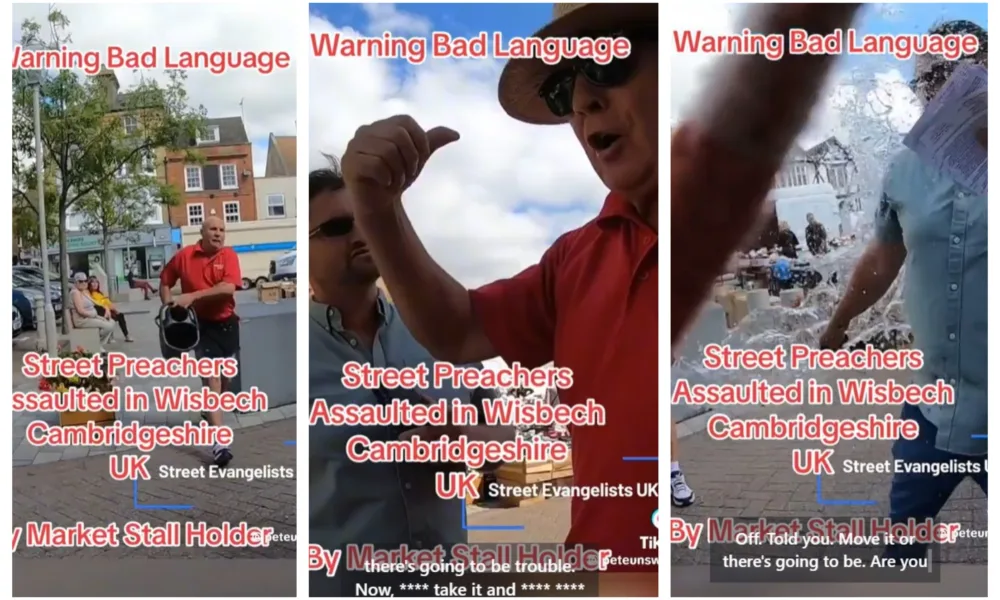 All caught on camera: The moment a disgruntled trader confronts street evangelist in Wisbech, firstly by abusing him, then hurling water him and finally brushing up against him.