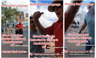 All caught on camera: The moment a disgruntled trader confronts street evangelist in Wisbech, firstly by abusing him, then hurling water him and finally brushing up against him.