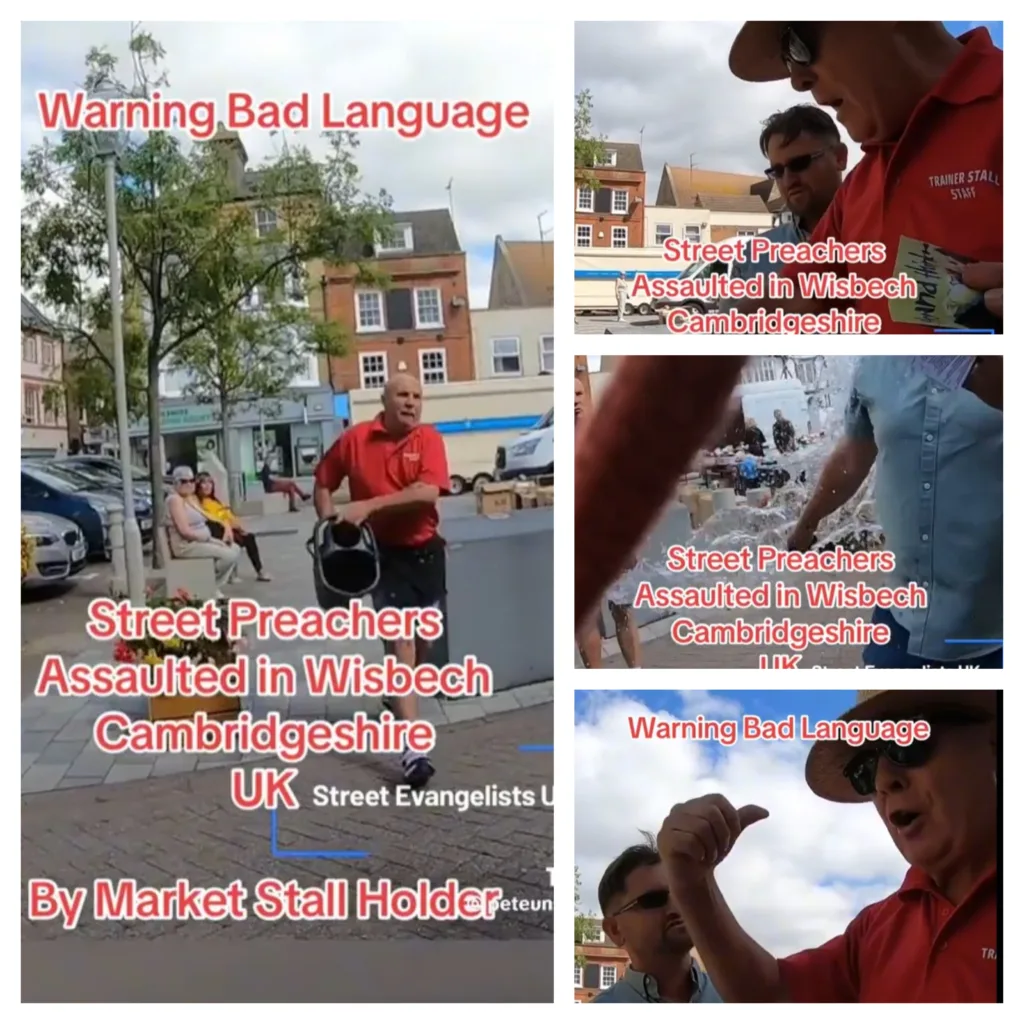 All caught on camera: The moment a disgruntled trader confronts street evangelist in Wisbech, firstly by abusing him, then hurling water him and finally brushing up against him. 