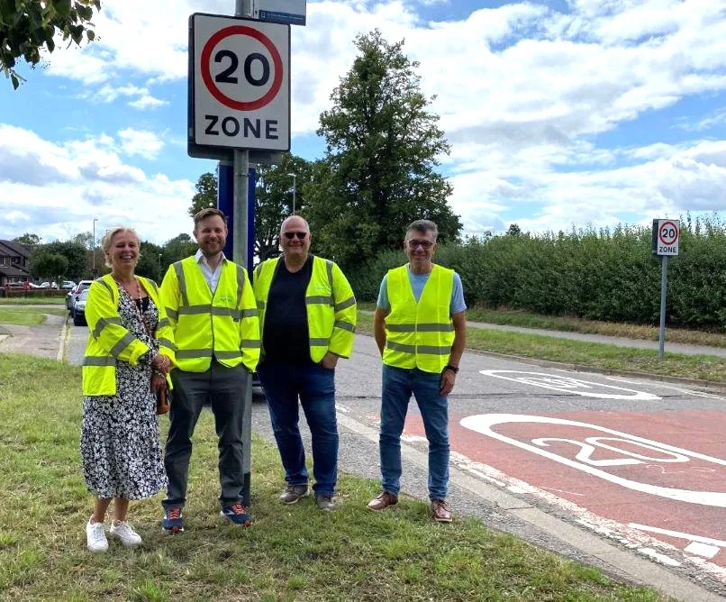 Cllr Alex Beckett, chair of the Highways and Transport Committee, was joined by councillors and Melbourn Parish Council this summer to see their 20mph zone completed and in action. Left-to-right: Cllr Sally-Ann Hart, South Cambridgeshire District Councillor, Cllr Alex Beckett, Cllr Jose Hales, South Cambridgeshire District Councillor and Graham Clark, Chair of Melbourn Parish Council.