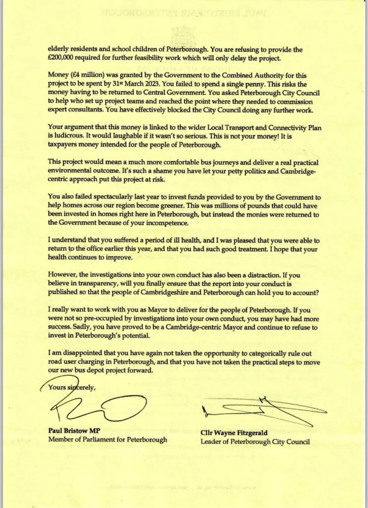 MP Paul Bristow launched a vitriolic and at times personal and offensive attack on Mayor Dr Nik Johnson – co signed by Peterborough City Council leader Cllr Wayne Fitzgerald  and sent on official House of Commons headed paper.

