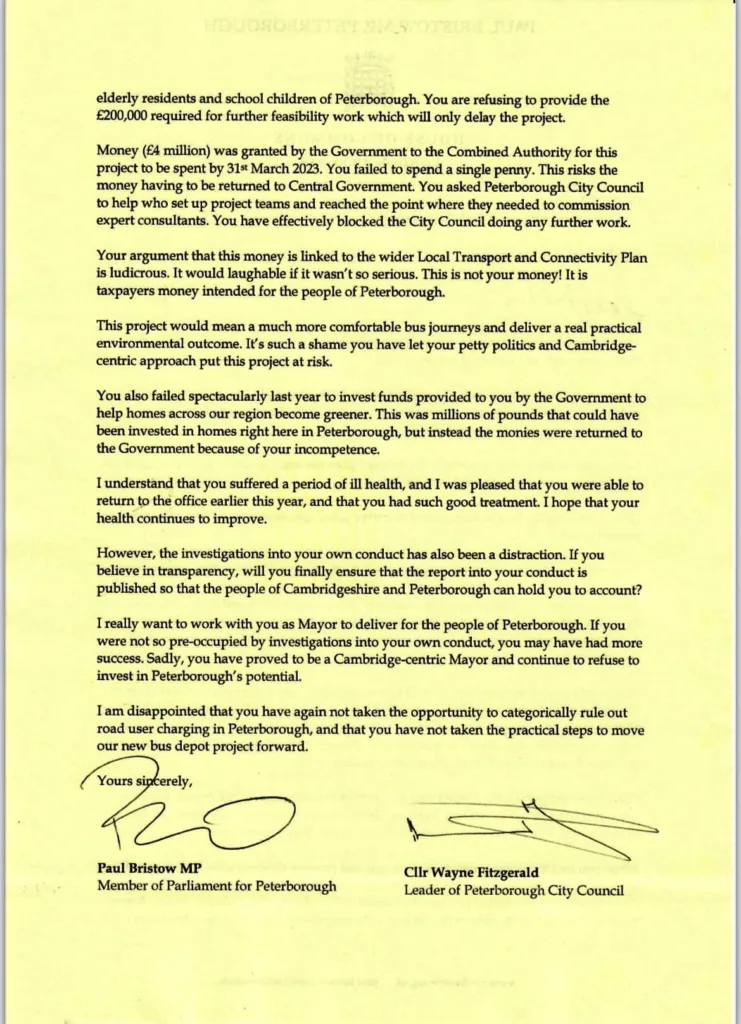 MP Paul Bristow launched a vitriolic and at times personal and offensive attack on Mayor Dr Nik Johnson – co signed by Peterborough City Council leader Cllr Wayne Fitzgerald and sent on official House of Commons headed paper.