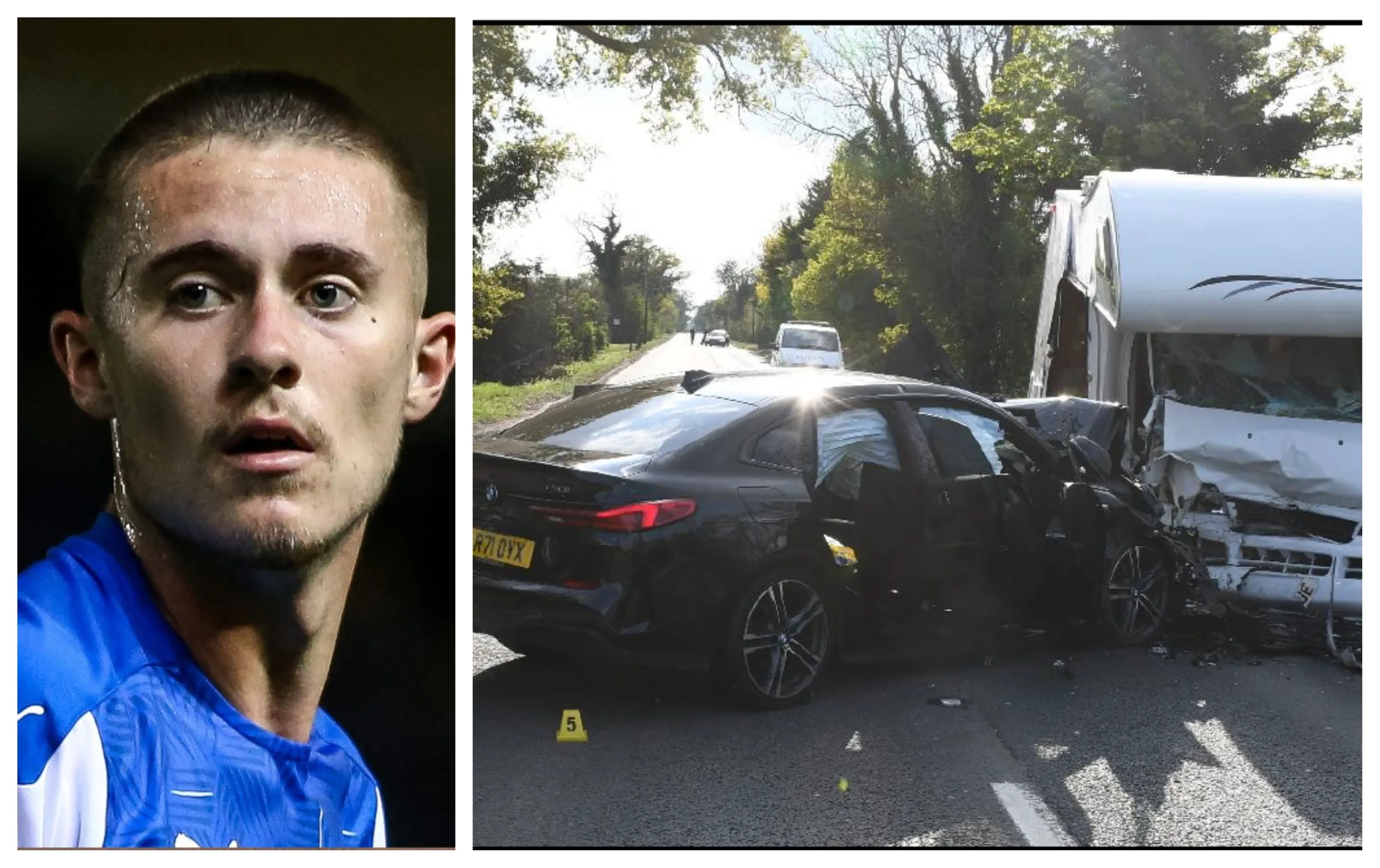 Flynn Clarke, 20, (left) who is on loan at Dagenham and Redbridge from Norwich City, was driving a black BMW 218i along the westbound A47, near Thorney, at about 2.30pm on 30 April last year when the car crashed into a white Fiat Ducato Motorhome, close to The Causeway roundabout Flynn Clarke, 20, who is on loan at Dagenham and Redbridge from Norwich City, was driving a black BMW 218i along the westbound A47, near Thorney, at about 2.30pm on 30 April last year when the car crashed into a white Fiat Ducato Motorhome, close to The Causeway roundabout