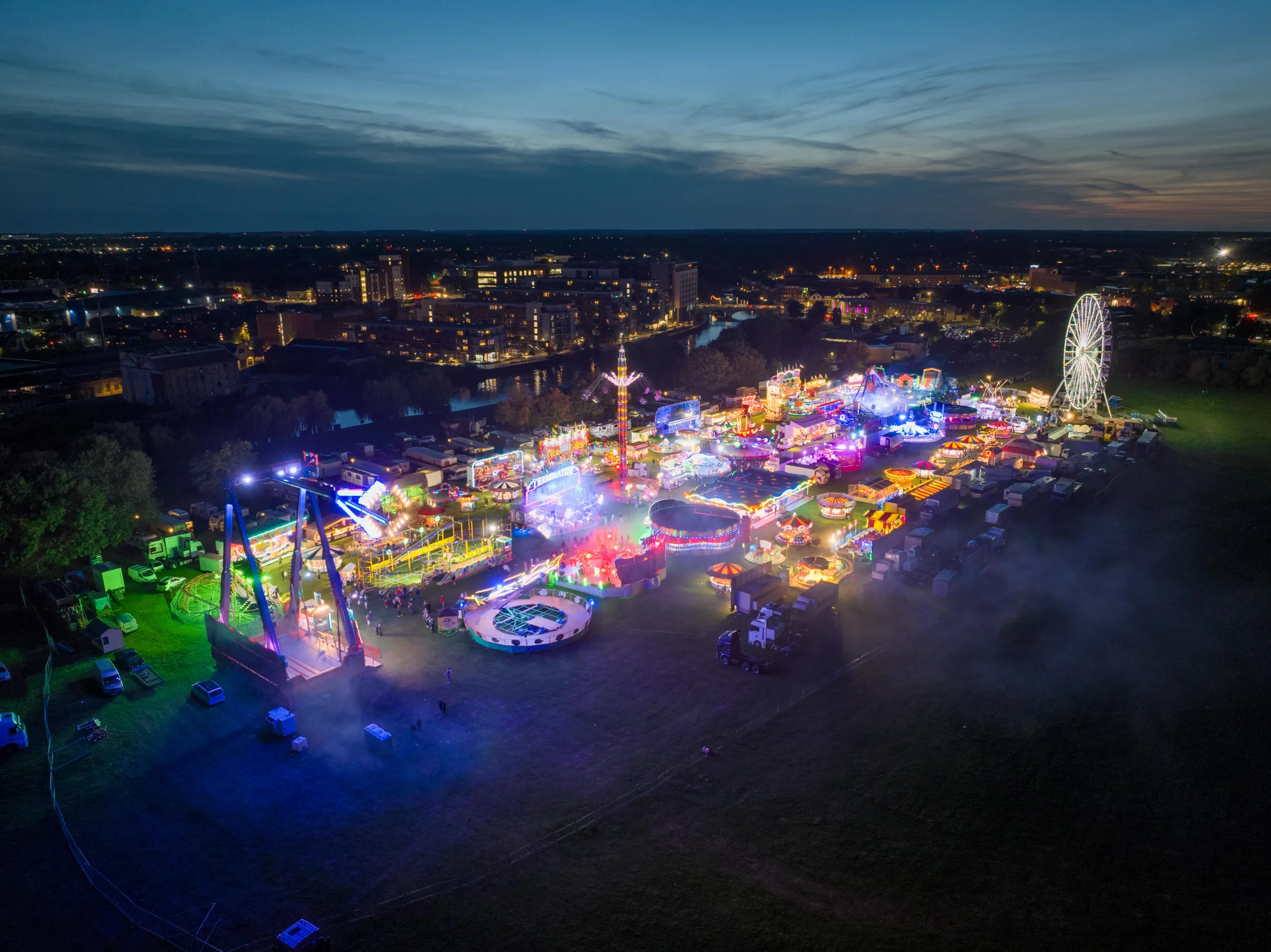 Aerial images of Peterborough’s Bridge Fair with the city skyline in the distance, Embankment, Peterborough Friday 29 September 2023. Picture by Terry Harris.