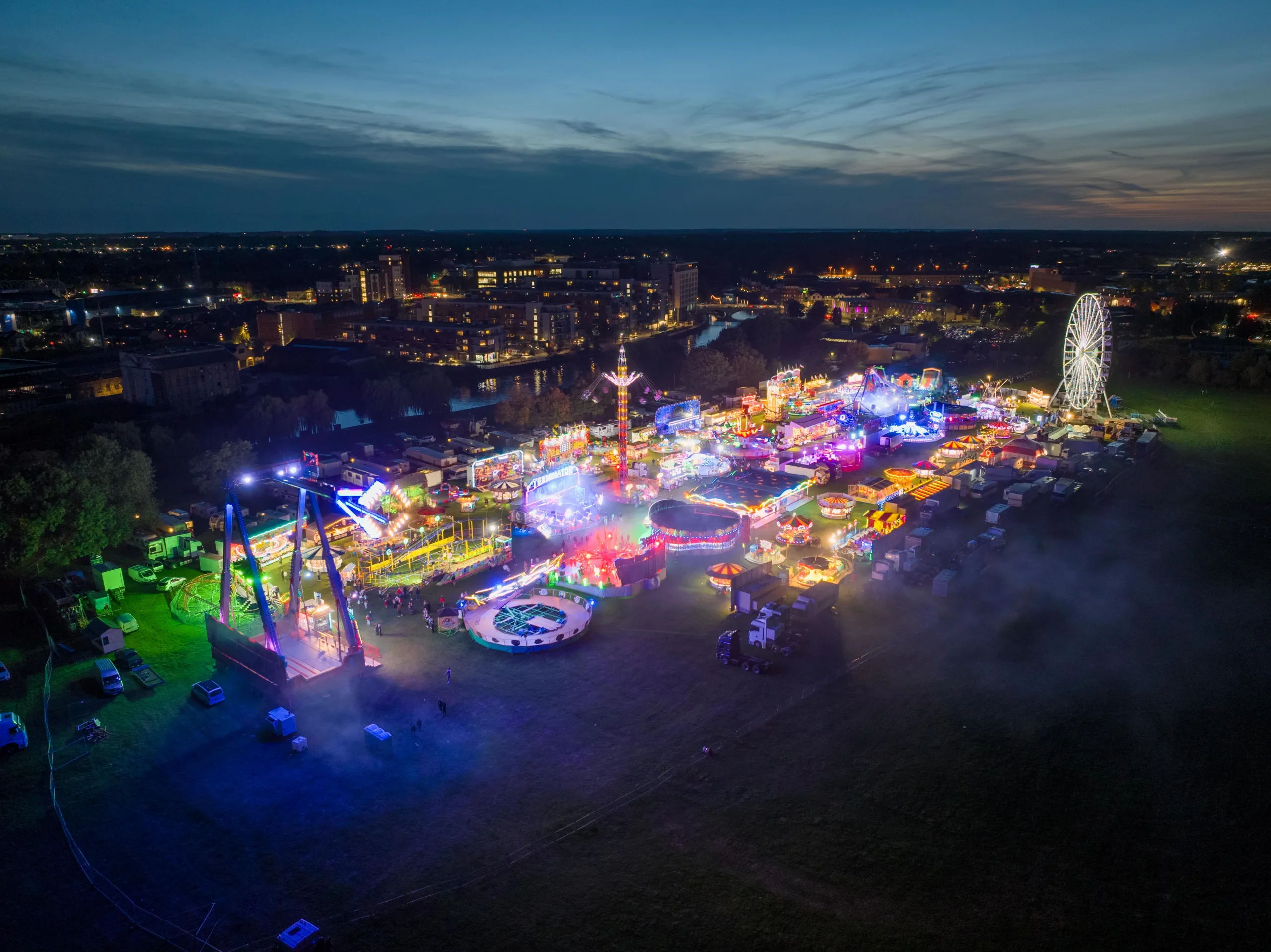 Aerial image of Peterborough’s Bridge Fair with the city skyline in the distance,
Embankment, Peterborough
Friday 29 September 2023.
Picture by Terry Harris. Aerial images of Peterborough’s Bridge Fair with the city skyline in the distance, Embankment, Peterborough Friday 29 September 2023. Picture by Terry Harris.