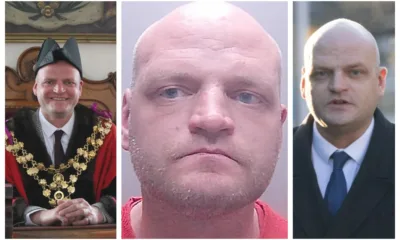 Rapist former Mayor Aigars Balsevics (left) as mayor, (centre) custody photo and (right) arriving for a court appearance at Peterborough.