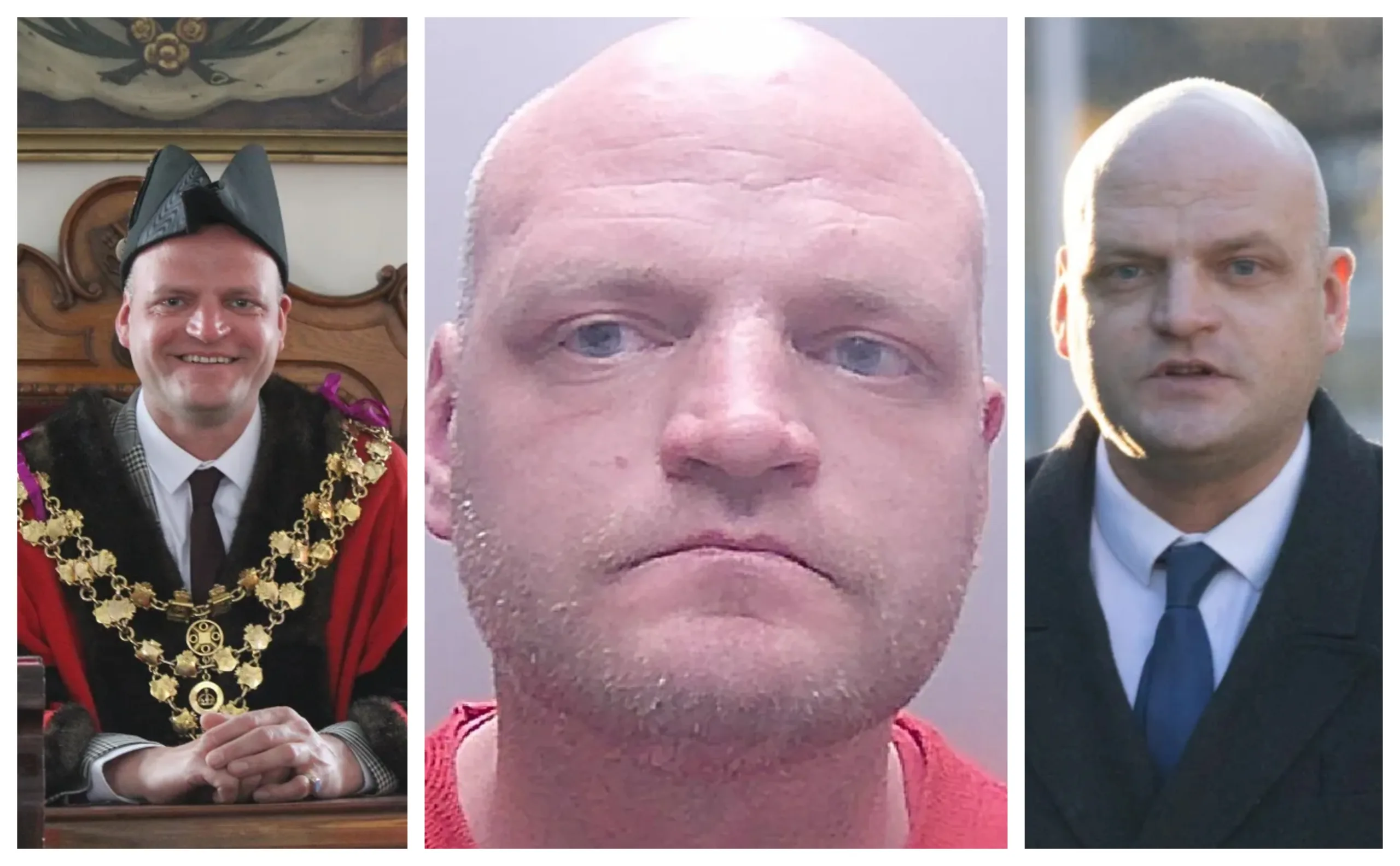 Rapist former Mayor Aigars Balsevics (left) as mayor, (centre) custody photo and (right) arriving for a court appearance at Peterborough.