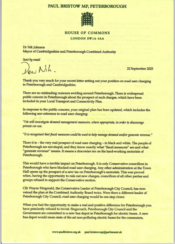 MP Paul Bristow launched a vitriolic and at times personal and offensive attack on Mayor Dr Nik Johnson – co signed by Peterborough City Council leader Cllr Wayne Fitzgerald  and sent on official House of Commons headed paper.