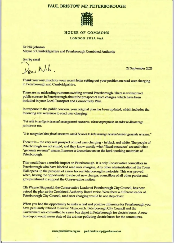 MP Paul Bristow launched a vitriolic and at times personal and offensive attack on Mayor Dr Nik Johnson – co signed by Peterborough City Council leader Cllr Wayne Fitzgerald and sent on official House of Commons headed paper.
