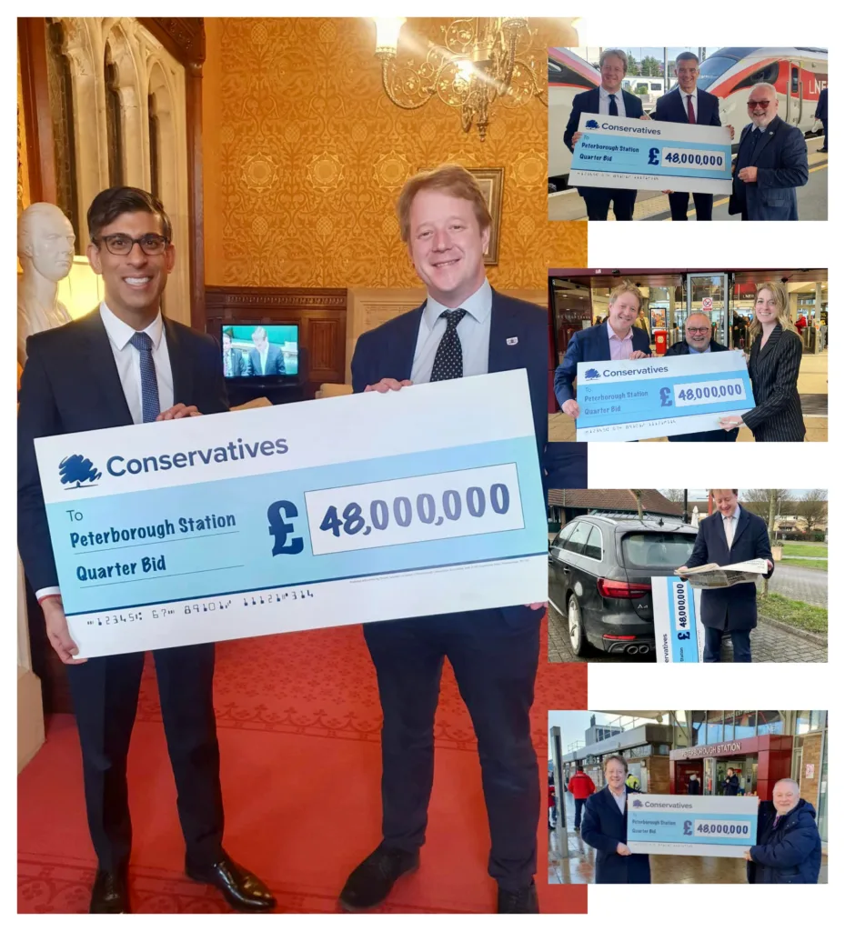 MP Paul Bristow and Cllr Wayne Fitzgerald believe that by constantly being seen with this ‘flouncing cheque’ is going to be a vote winner. £48m has been awarded to the city to develop the station. 