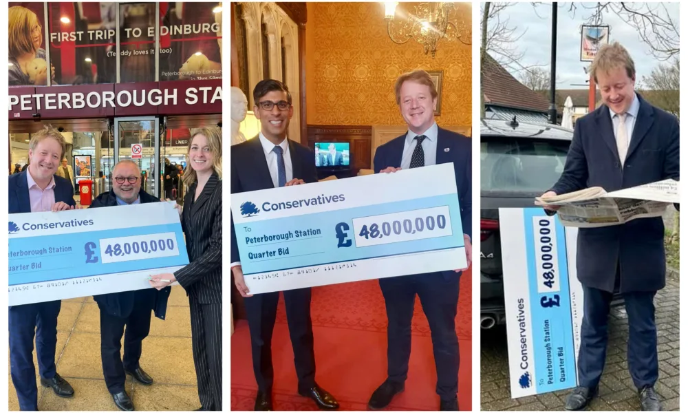 MP Paul Bristow and Cllr Wayne Fitzgerald believe that by constantly being seen with this ‘flouncing cheque’ is going to be a vote winner. £48m has been awarded to the city to develop the station.