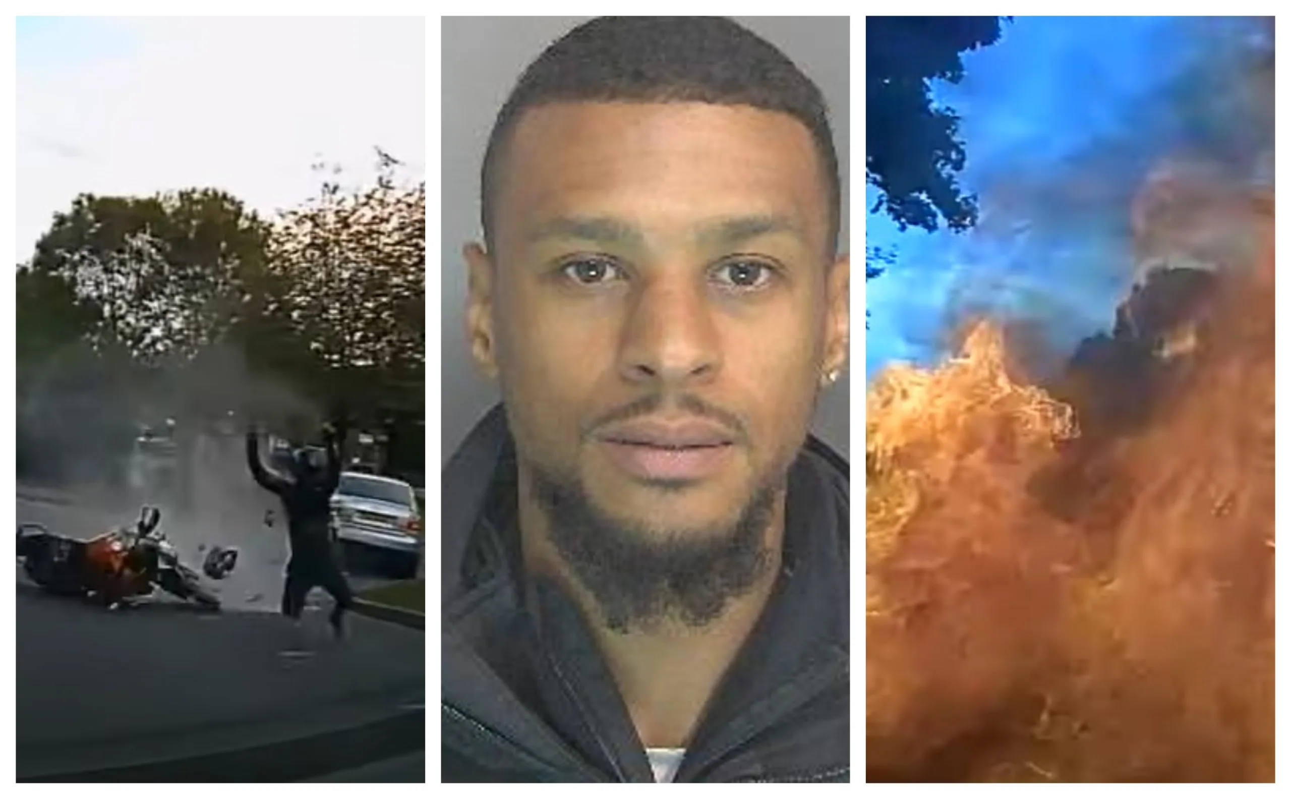 Stavius Gordon flipped off his motor bike as it burst into flames causing damage to the Audi and a nearby private ambulance. Stavius Gordon flipped off his motor bike as it burst into flames causing damage to the Audi and a nearby private ambulance.