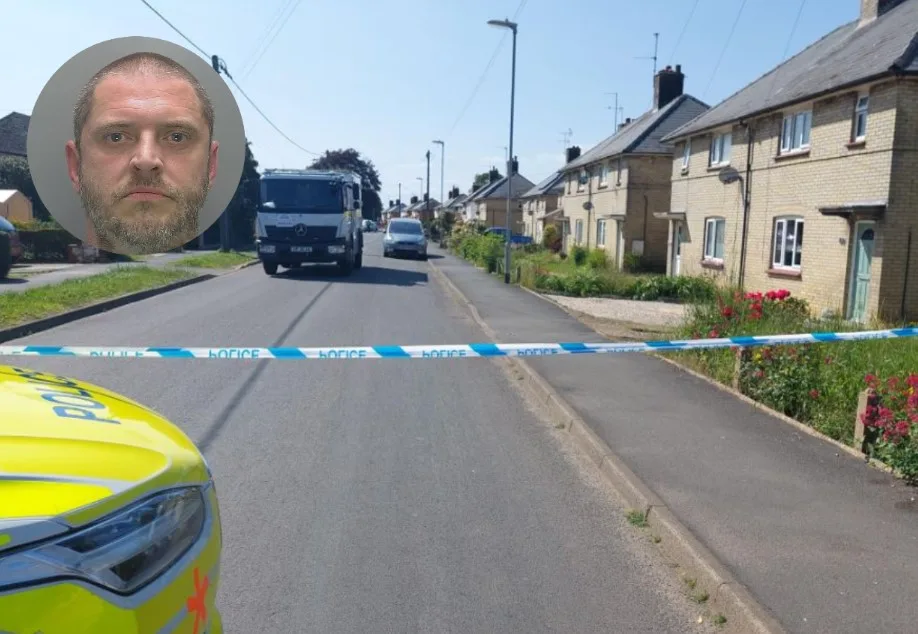 Convicted paedophile Paul Page (inset) and the police cordon in May in Parson’s Lane, Littleport.