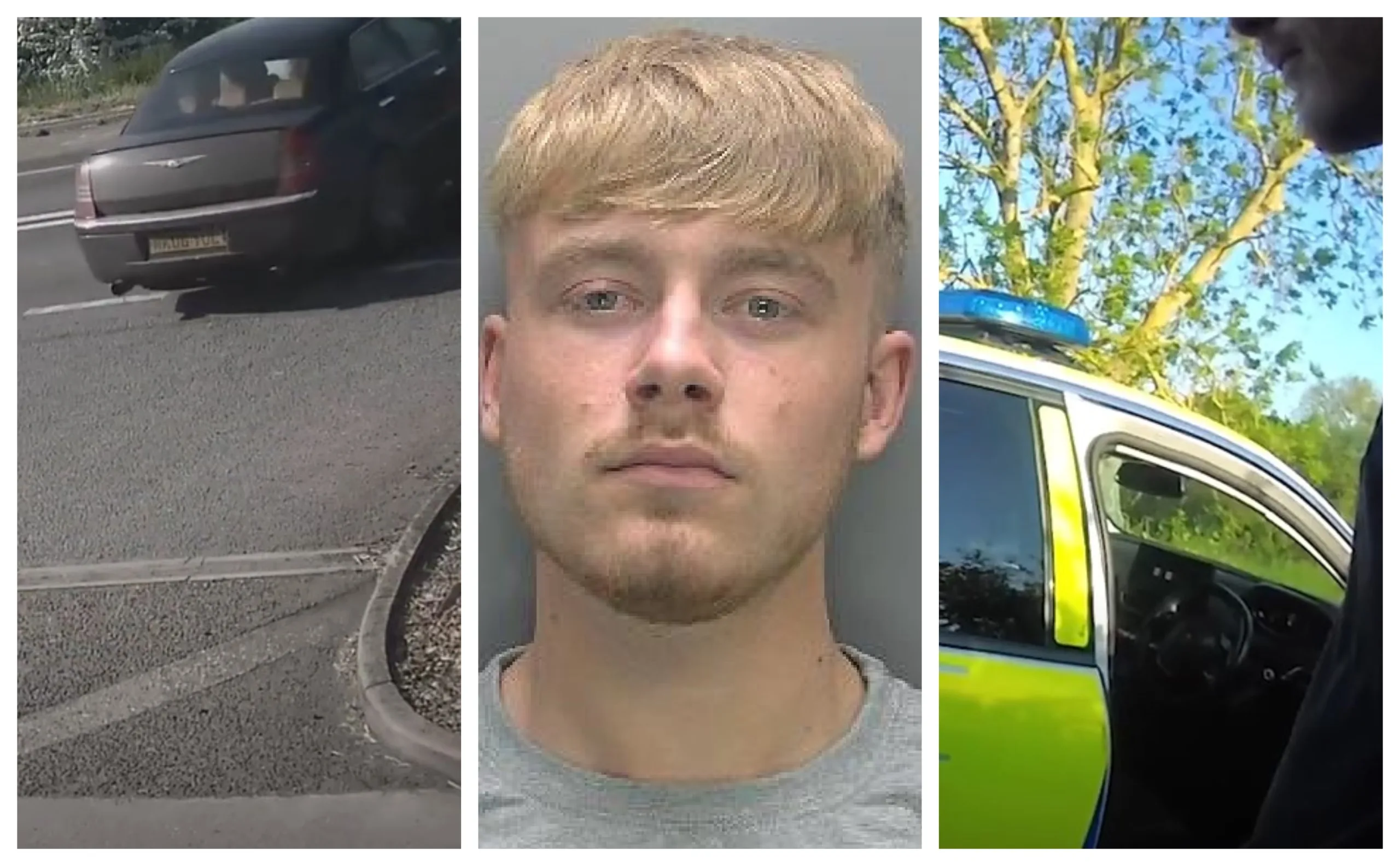 Left: Davidson pulls out of the garage and (right) moment he is arrested. Custody photo (centre)