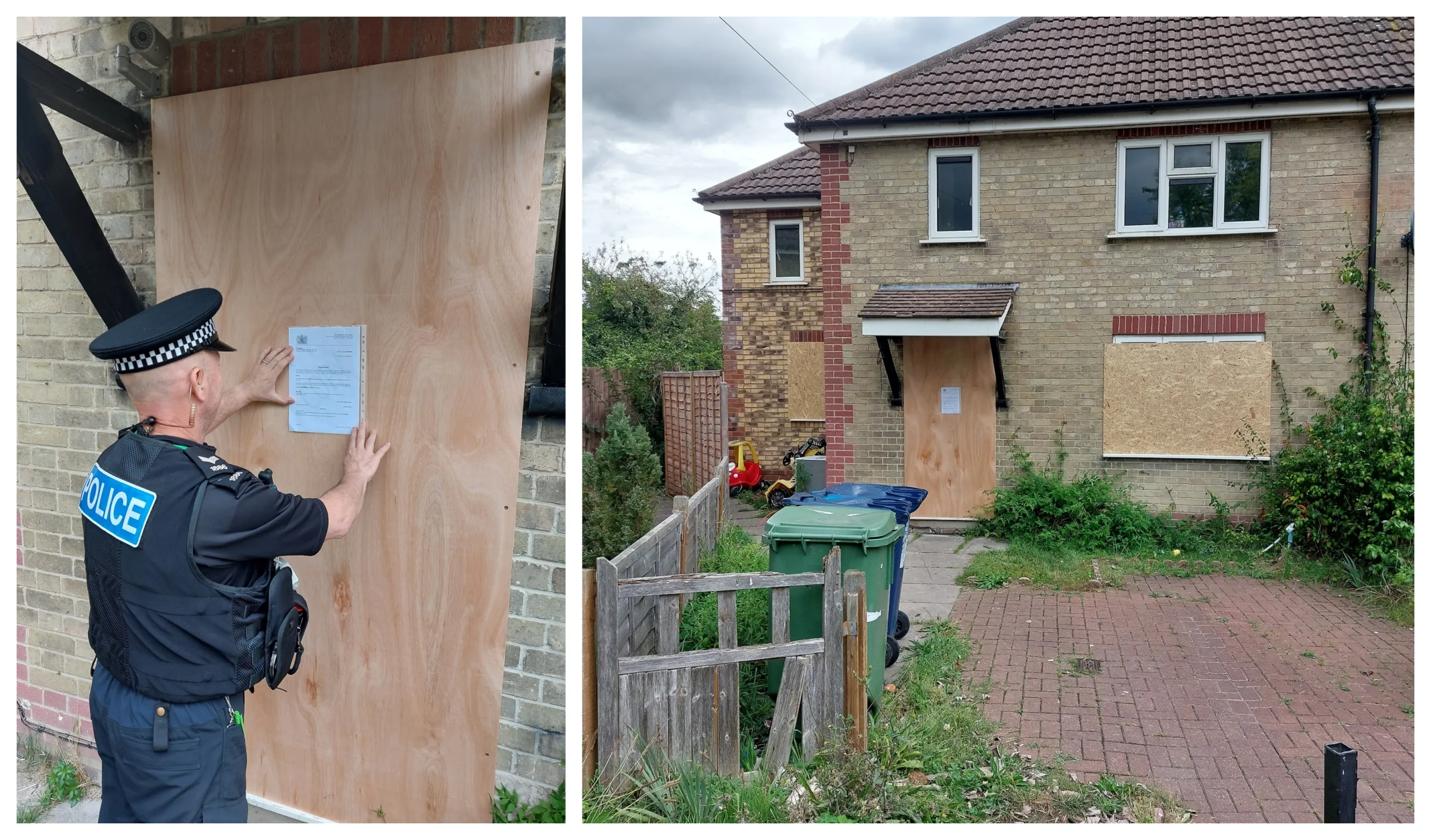 Sgt Kevin Sutcliffe fixes the closure order to the front of 9 Queens Meadow, Cambridge Sgt Kevin Sutcliffe fixes the closure order to the front of 9 Queens Meadow, Cambridge