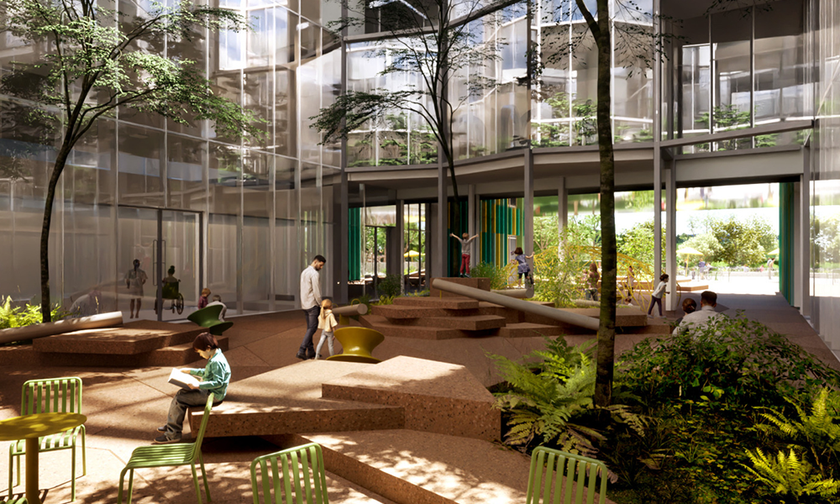A concept design of the central courtyard at Cambridge Children's Hospital