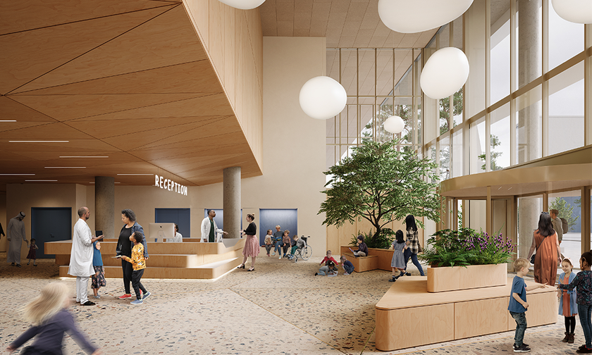 Architect image of the entrance and reception area at Cambridge Children's Hospital 