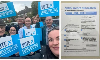 Chris Carter-Chapman, who is standing as the Conservative parliamentary candidate for South Cambs, posted on Facebook three days ago: “Great to be out in Queen Edith’s tonight despite the rain!” The NHS ‘survey’ is on the right.