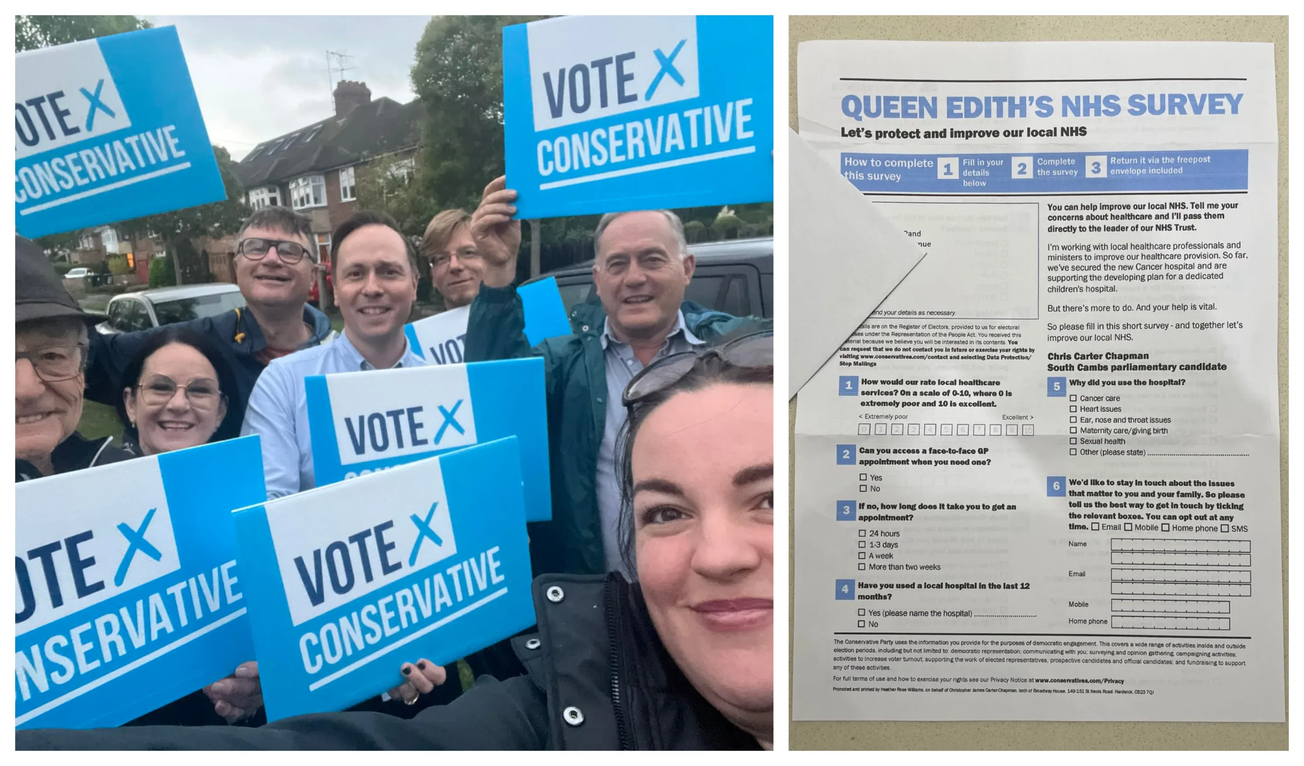 Chris Carter-Chapman, who is standing as the Conservative parliamentary candidate for South Cambs, posted on Facebook three days ago: “Great to be out in Queen Edith’s tonight despite the rain!” The NHS ‘survey’ is on the right.
