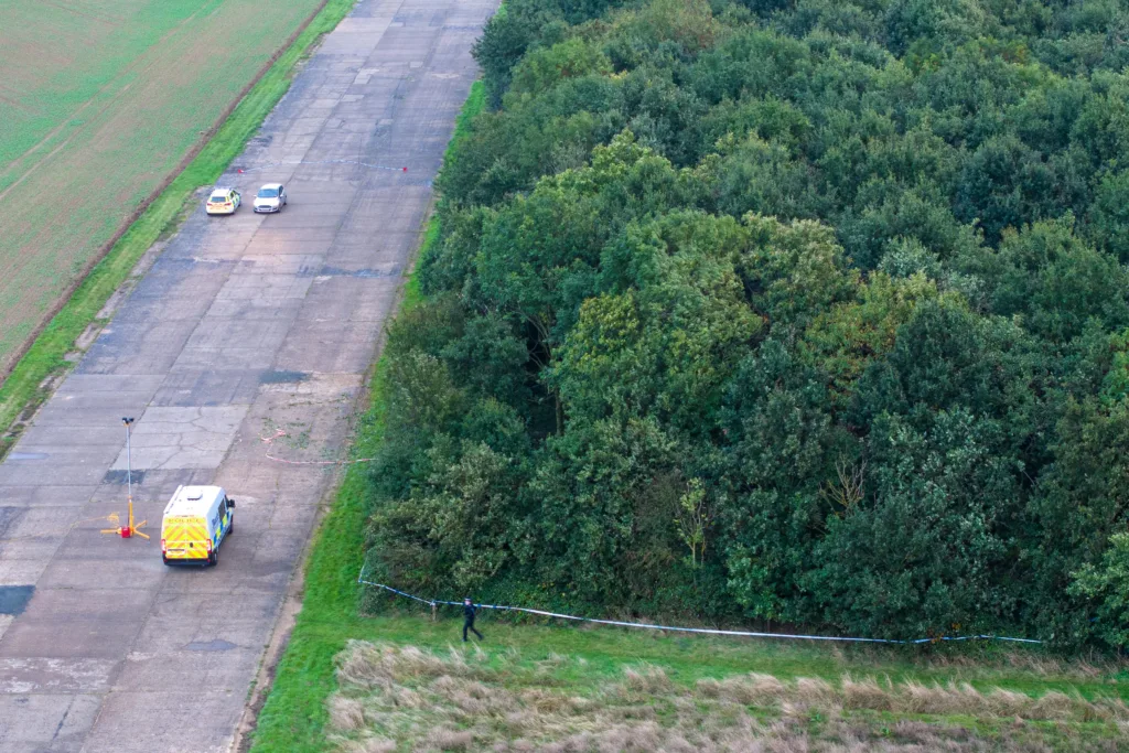 Police at scene of plane crash Langham Airfield in Norfolk. Emergency services were called after reports of the four-seater light aircraft crash at Langham Airfield at 3.40pm yesterday (10/9/23).,Langham Airfield, Langham
Wednesday 11 October 2023. 
Picture by Terry Harris