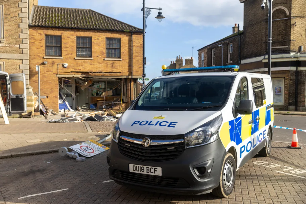 Nationwide targeted by thieves in the night using a stolen JCB,Whittlesea, Peterborough Saturday 28 October 2023. Picture by Terry Harris