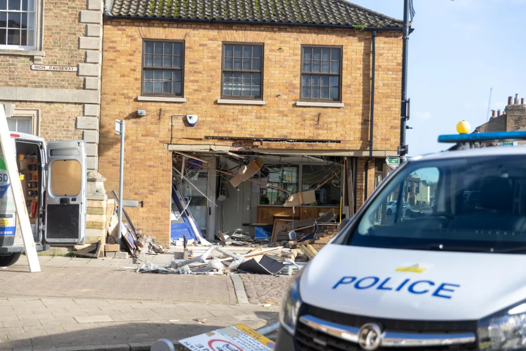 Nationwide targeted by thieves in the night using a stolen JCB,Whittlesea, Peterborough Saturday 28 October 2023. Picture by Terry Harris