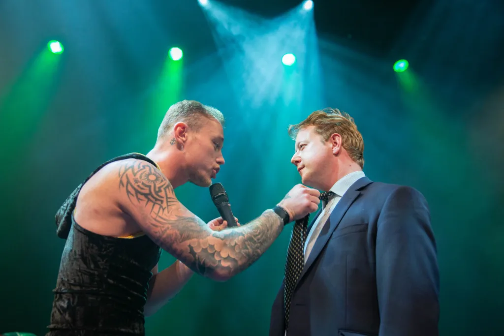 Paul Bristow is not unfamiliar with political scraps – this one a gentler ‘scrap’ during a wrestling match in Peterborough to ‘settle a score’ over the professional wrestler’s Twitter comments PHOTO: Terry Harris