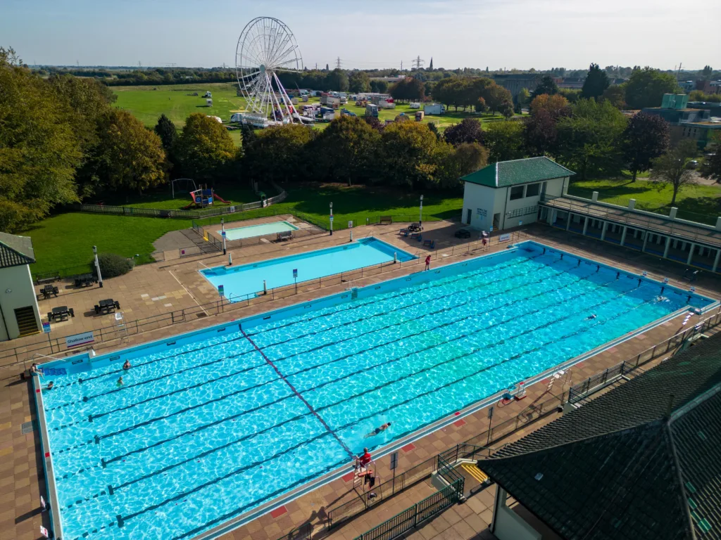 WEATHER - Swimmers take advantage of the unseasonably hot weather in outdoor Lido Pool.,Lido, Peterborough
Monday 09 October 2023. 
Picture by Terry Harris
