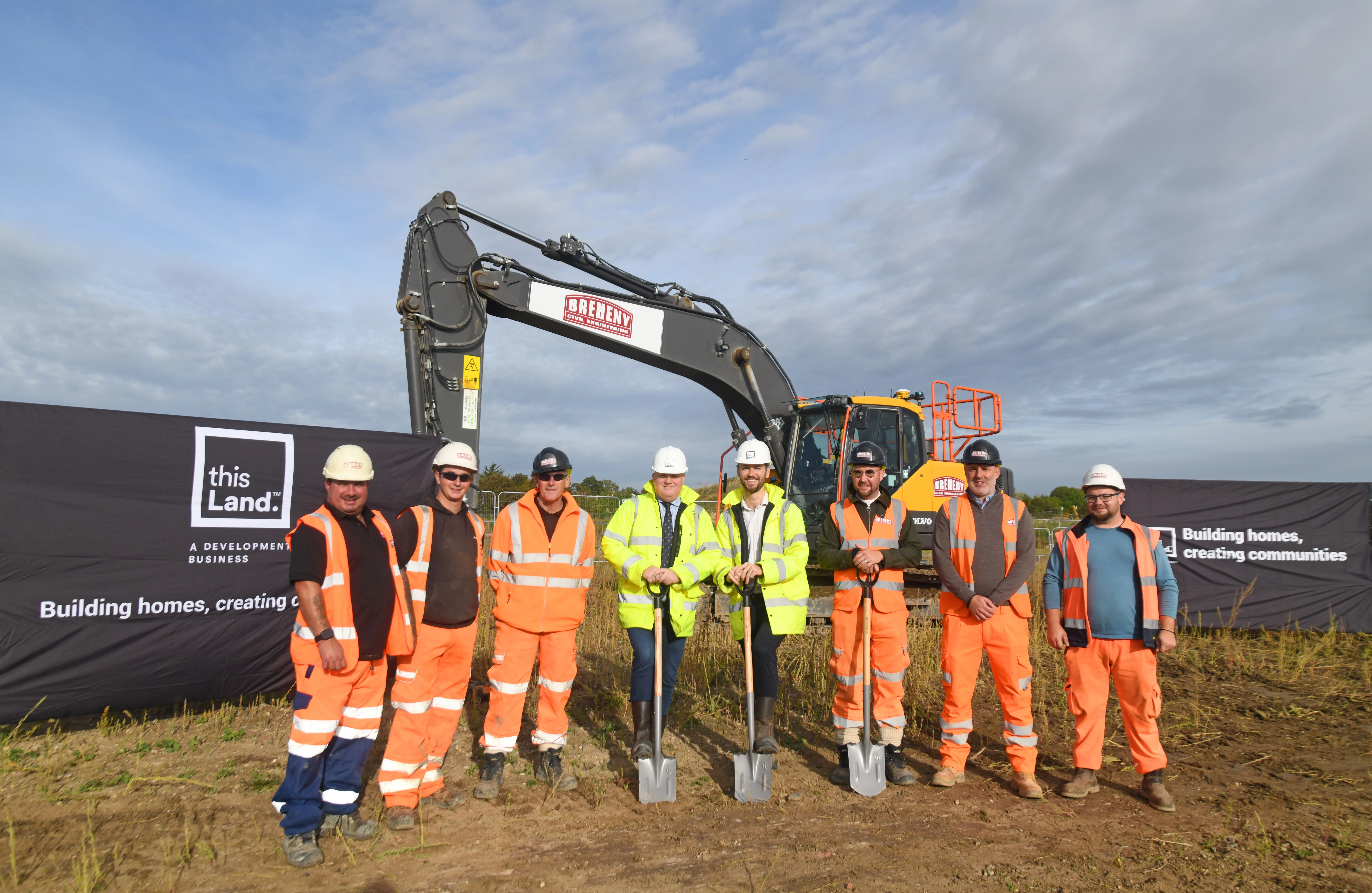 (left to right): Ross Mowle (Senior Development Manager, This Land); Tim Tyte (Contracts Manager, Breheny), David Lewis (CEO, This Land), Mitch West (Site Manager, Breheny). With Breheny site operatives and General Foreman. (left to right): Ross Mowle (Senior Development Manager, This Land); Tim Tyte (Contracts Manager, Breheny), David Lewis (CEO, This Land), Mitch West (Site Manager, Breheny).