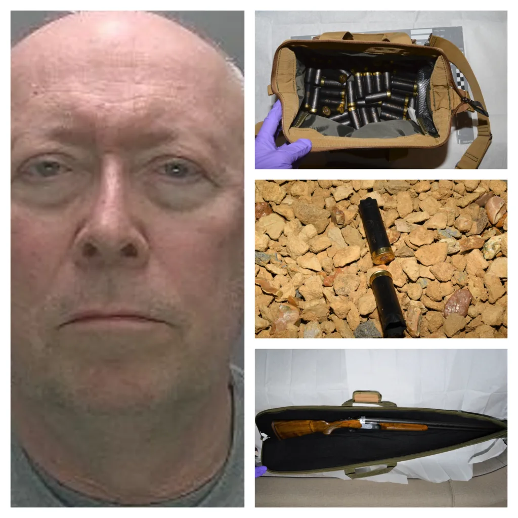 Photos of Stephen Alderton, the shotgun, two used cartridges and a bag of cartridges found in his motorhome 