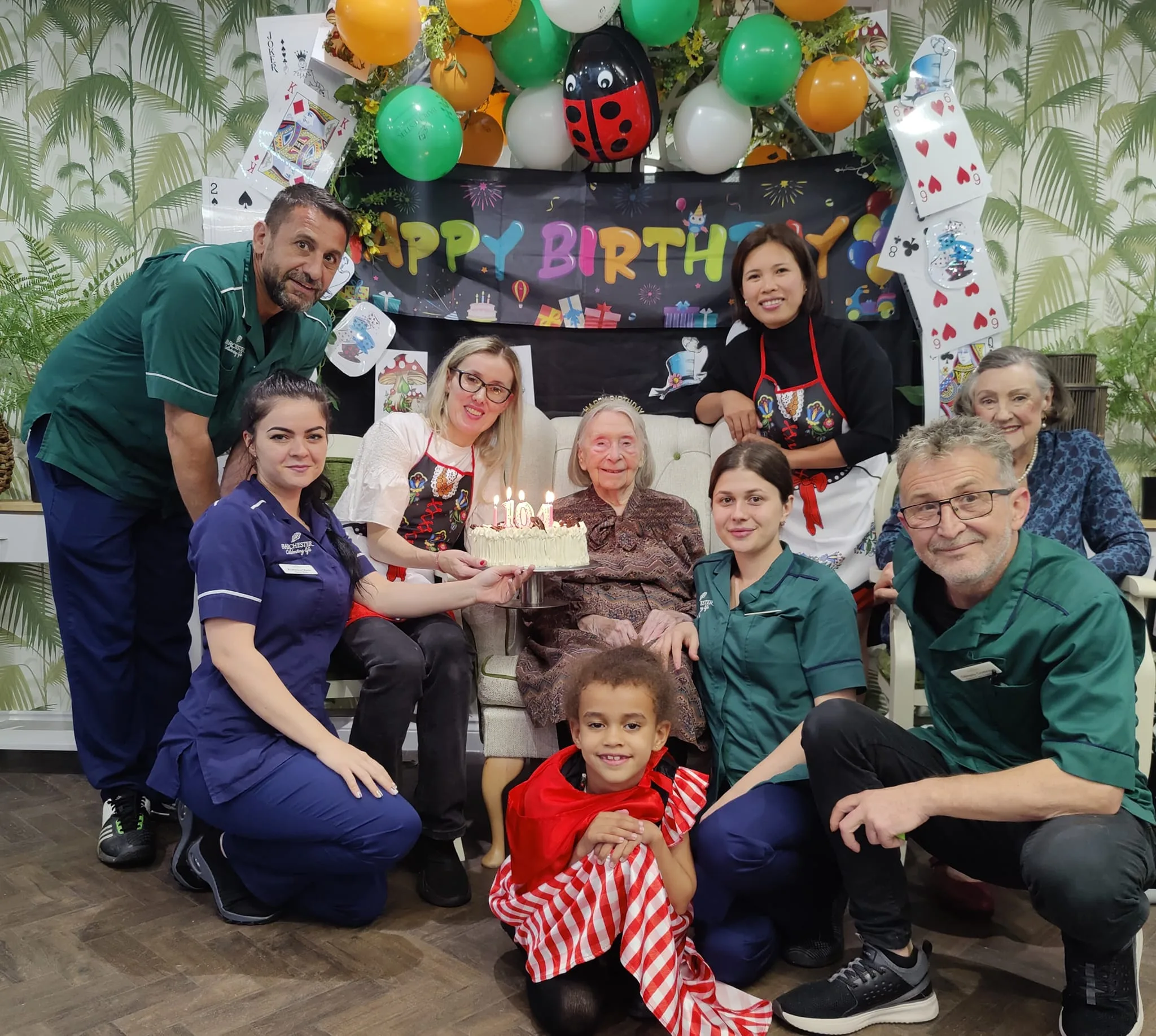 104th birthday celebrations for Dorothy, a resident of Hilton Park care home, Bottisham, Cambridgeshire.