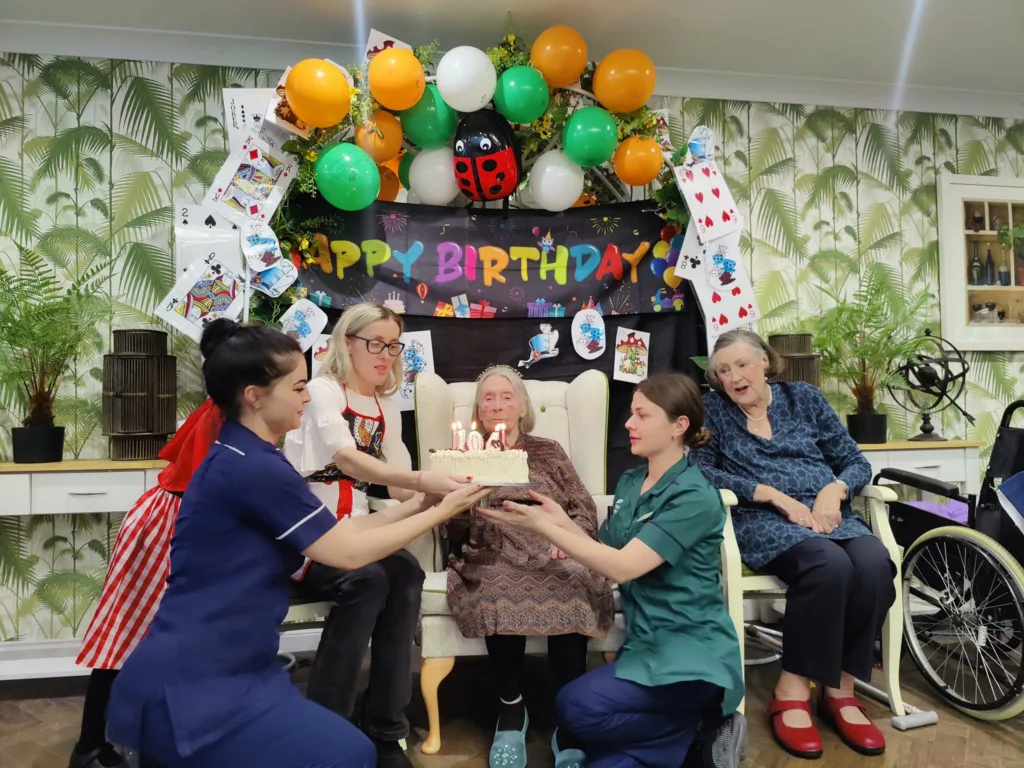 104th birthday celebrations for Dorothy, a resident of Hilton Park care home, Bottisham, Cambridgeshire.