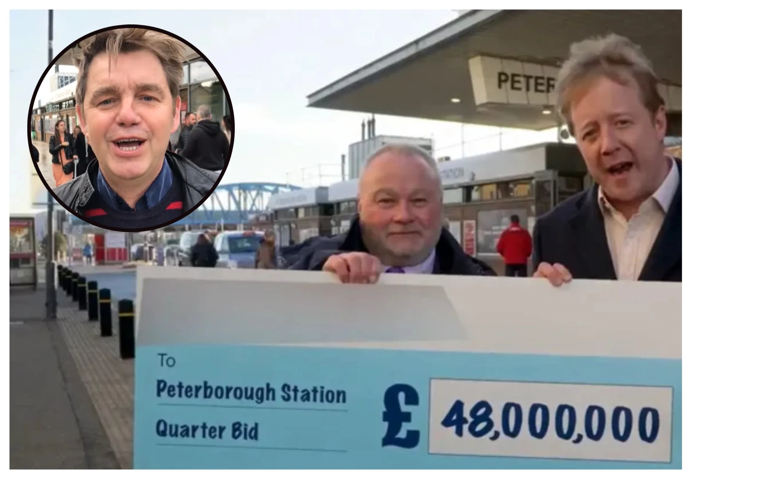 Mayor Dr Nik Johnson (inset) with Peterborough MP Paul Bristow and city council leader Wayne Fitzgerald celebrating the city’s success in winning £48m levelling up cash. Cllr Fitzgerald is also a member of the Combined Authority.