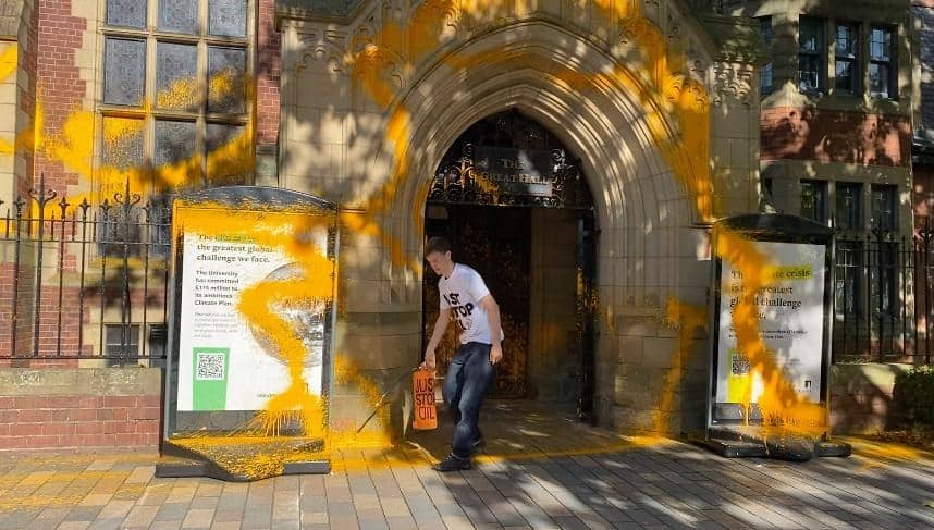 Meanwhile in Leeds, Sam Holland, a former student at the University of Leeds who studied Human Geography, used a fire extinguisher to paint the Great Hall at Leeds University.