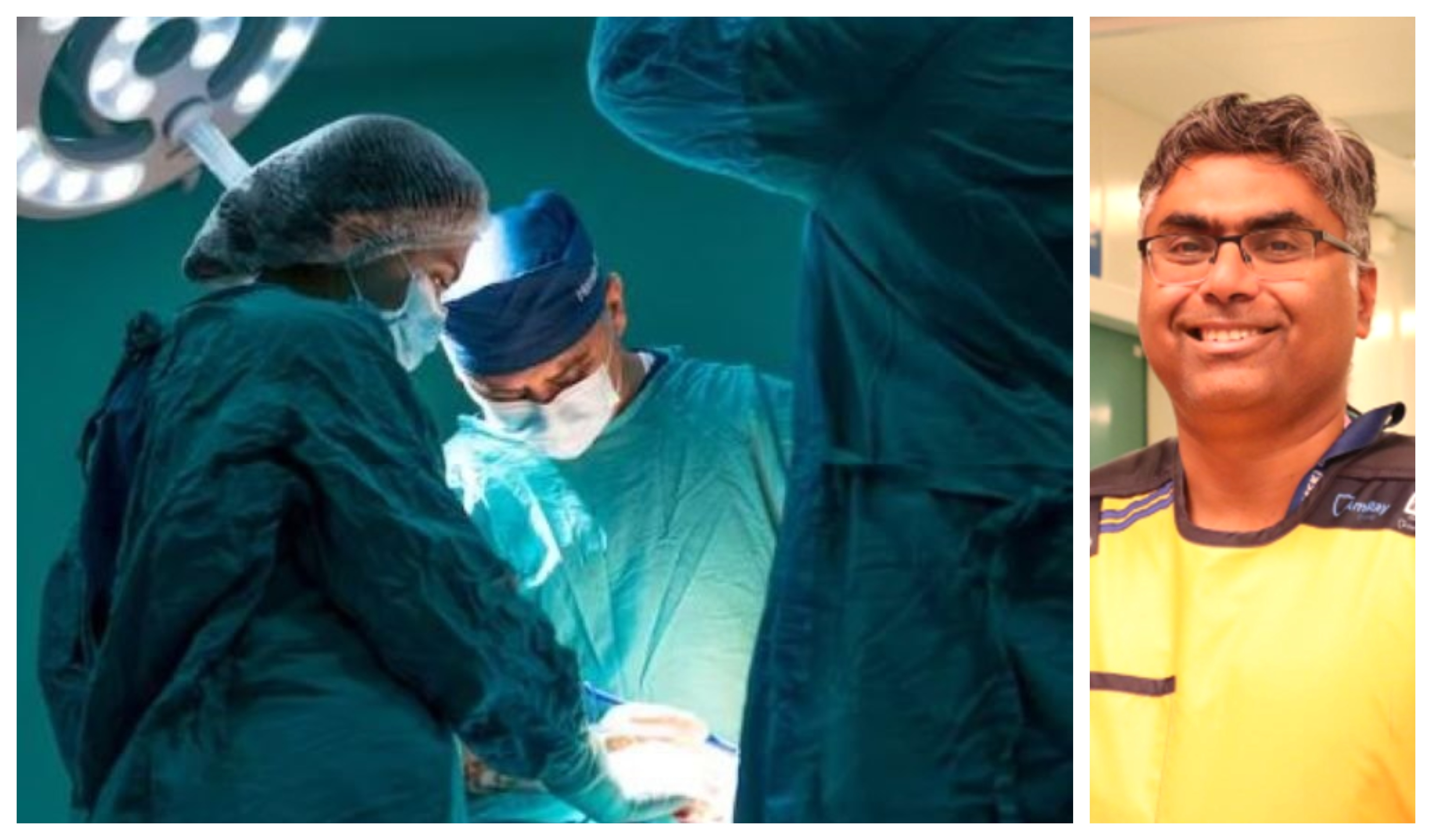In theatre - Photo by Akram Huseyn on Unsplash 700 x 1064 and (right) Consultant orthopaedic surgeon and Affiliated Associate Professor, Vikas Khanduja