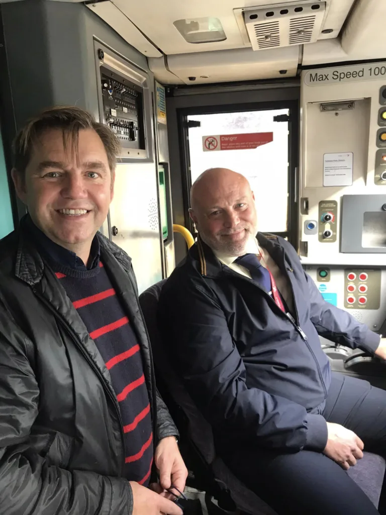 Mayor Dr Nik Johnson of the Cambridgeshire and Peterborough Combined Authority heading to Peterborough yesterday from Cambridge: he managed a childhood dream of being up front
