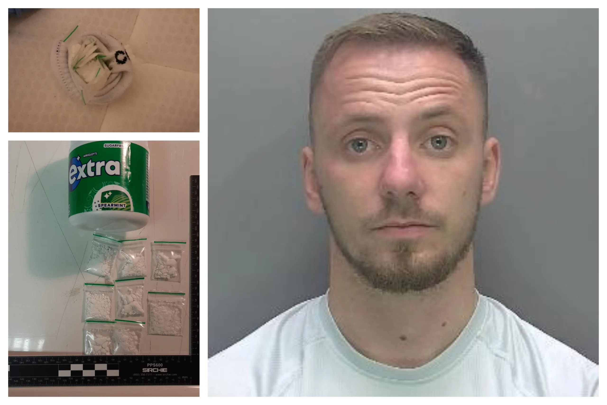 Cocaine in chewing gum pot (bottom left) sock with drugs and Isuf Quashi of Cambridge – jailed for possession with intent to supply cocaine and two other offences. Cocaine in chewing gum pot (bottom left) sock with drugs and Isuf Quashi of Cambridge – jailed for possession with intent to supply cocaine and two other offences.
