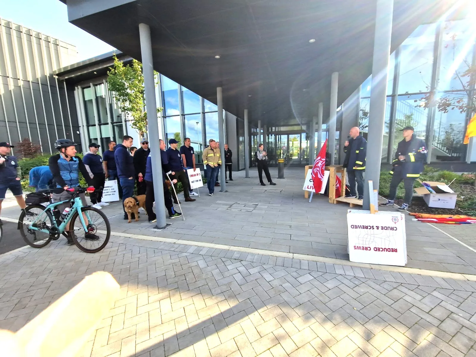 Cambridgeshire Fire Brigade Union stage protest outside New Shire Hall, Alconbury, over cuts to crews they say could ‘end in tragedy’. PHOTO: Cambs FBU Cambridgeshire Fire Brigade Union stage protest outside New Shire Hall, Alconbury, over cuts to crews they say could ‘end in tragedy’. PHOTO: Cambs FBU