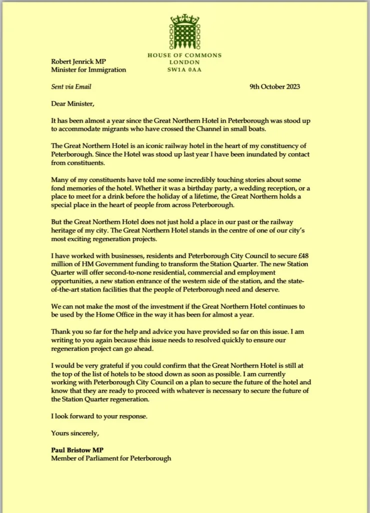 Letter from Peterborough MP Paul Bristow to Robert Jenrick, Minister for Immigration