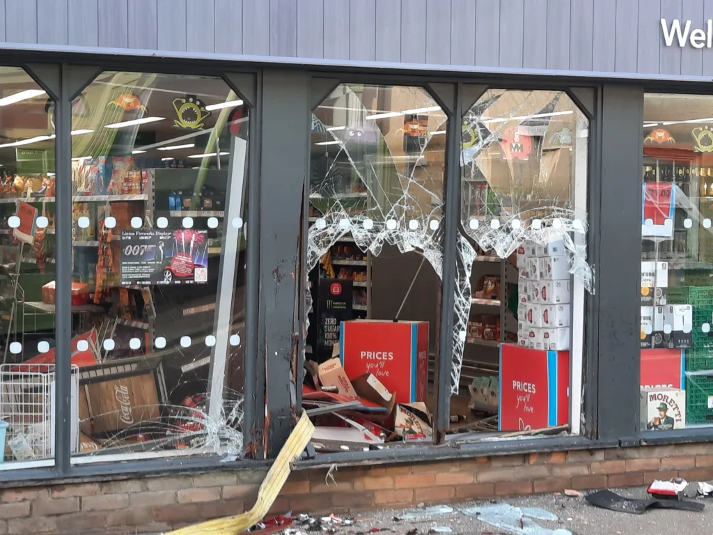 Aftermath of unsuccessful ram raid at Linton Co-op in South Cambridgeshire 
