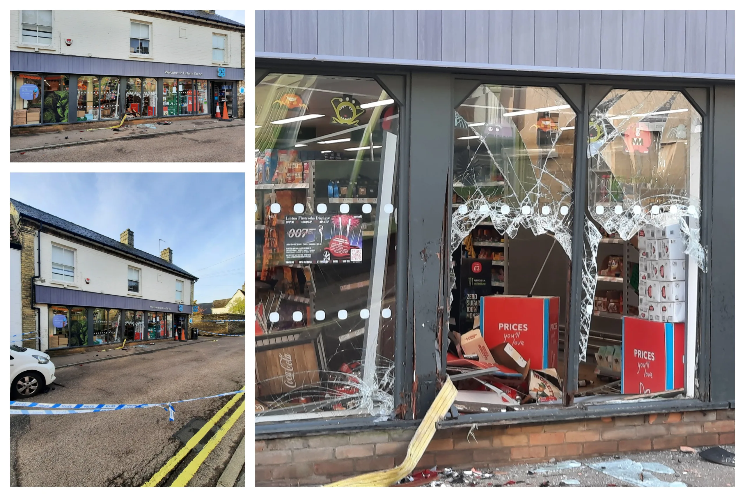 Aftermath of unsuccessful ram raid at Linton Co-op in South Cambridgeshire